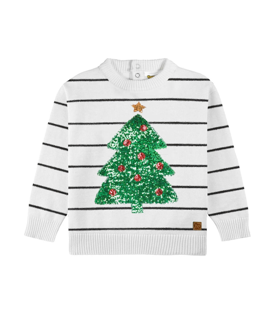 Toddler Girl's White Striped Tree Sweater