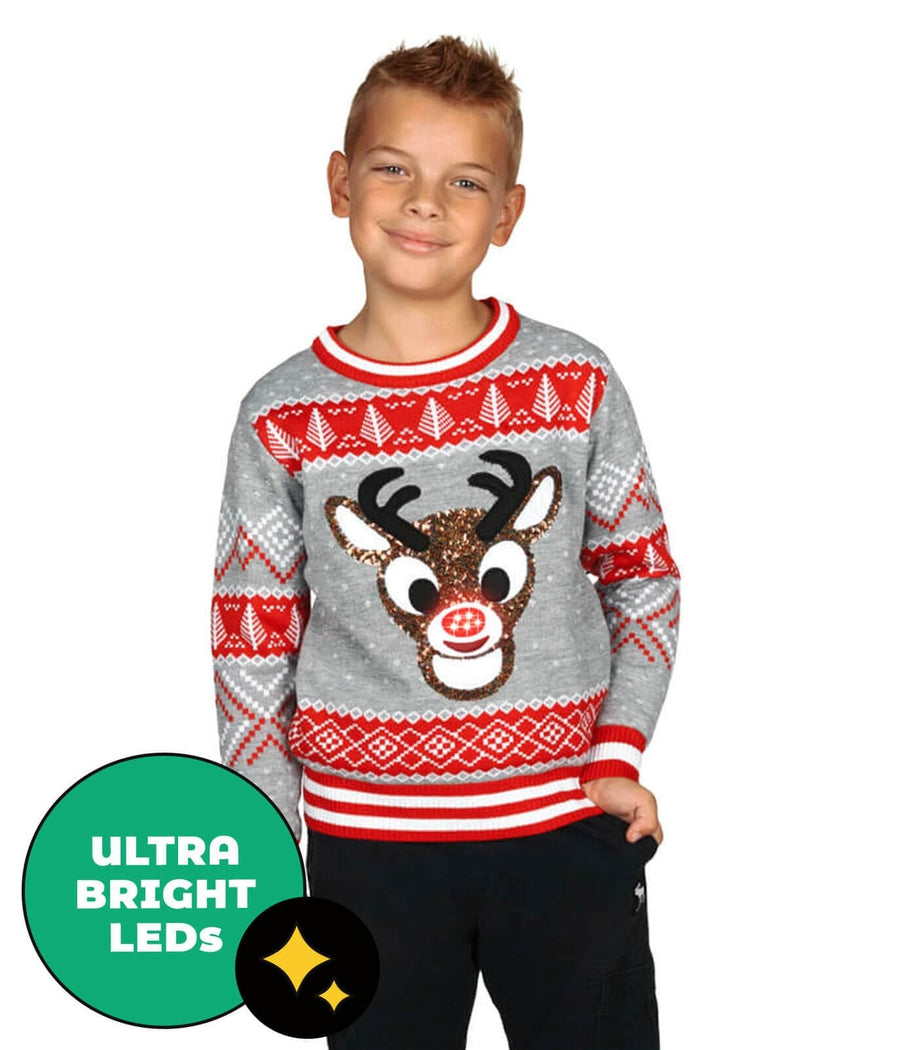 Sequin Rudolph Light Up Ugly Christmas Sweater: Boy's Christmas Outfits | Tipsy Elves Sequin Rudolph Light Up Ugly Christmas Sweater: Boy's Christmas Outfits | Tipsy Elves