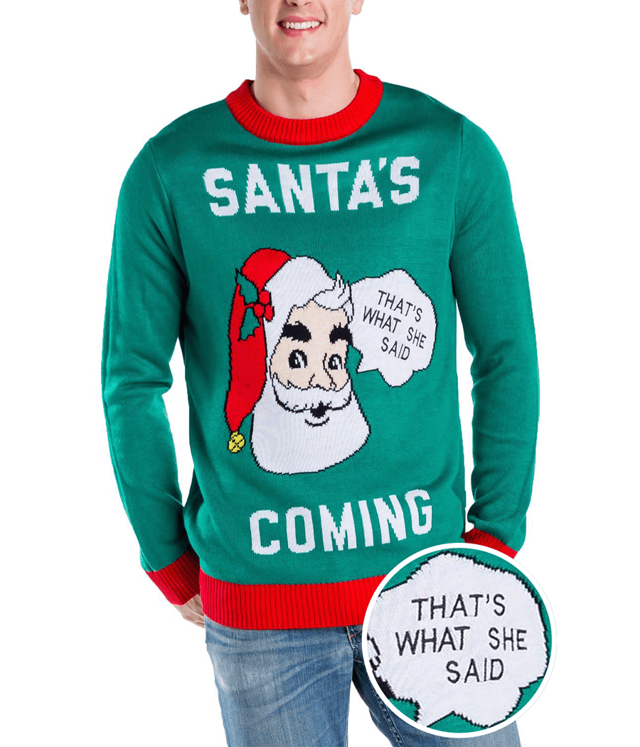 Santa s Coming Men s Ugly Christmas Sweater Tipsy Elves