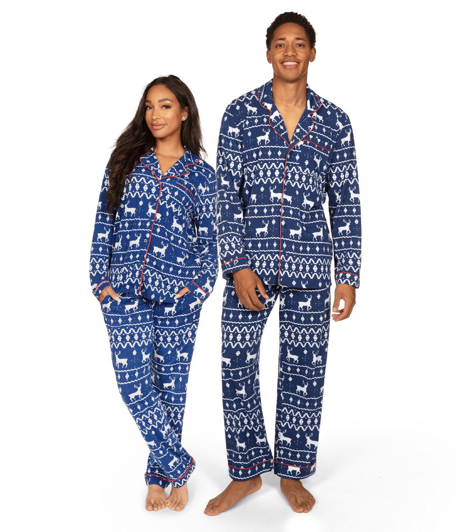 Matching Blue Reindeer Couples Pajamas Primary Image