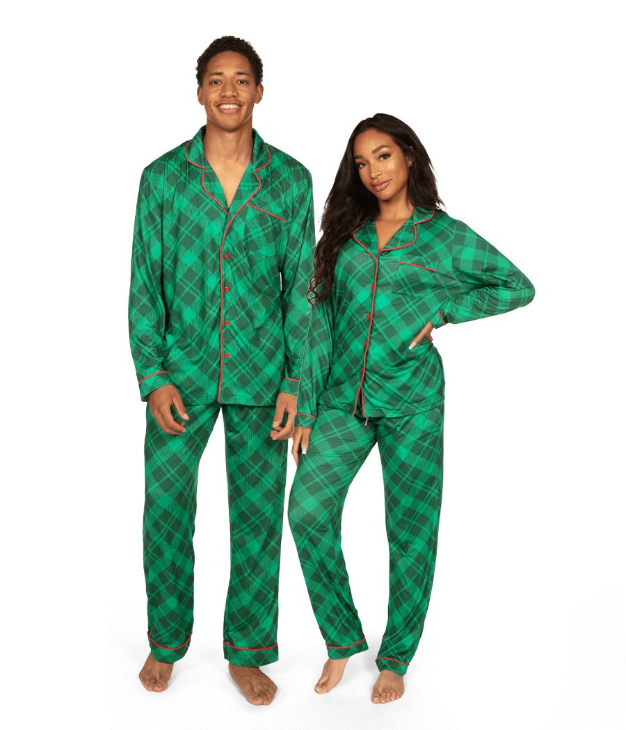 Matching Green Plaid Couples Pajamas