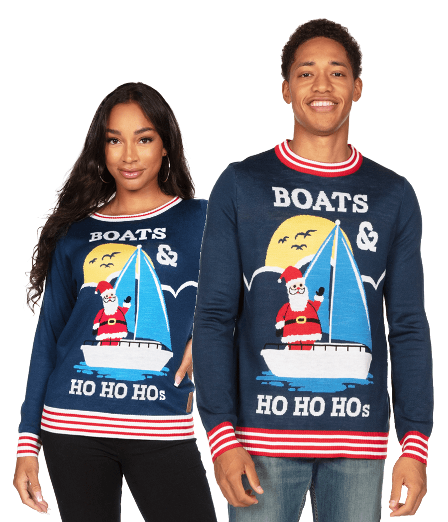 Women's Boats & HO HO Hos Ugly Christmas Sweater | Fun & Ugly X-mas Sweater | Lightweight, Warm, & Soft to The Touch | Navy | Tipsy Elves