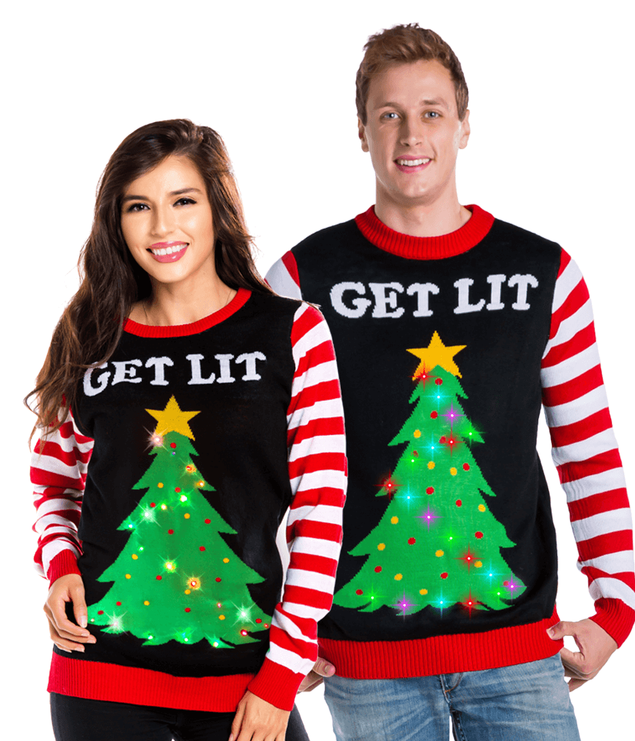 Matching Get Lit Light Up Couples Ugly Christmas Sweater