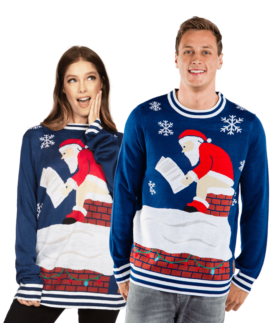 Matching Santa's Log on Fire Couples Ugly Christmas Sweater