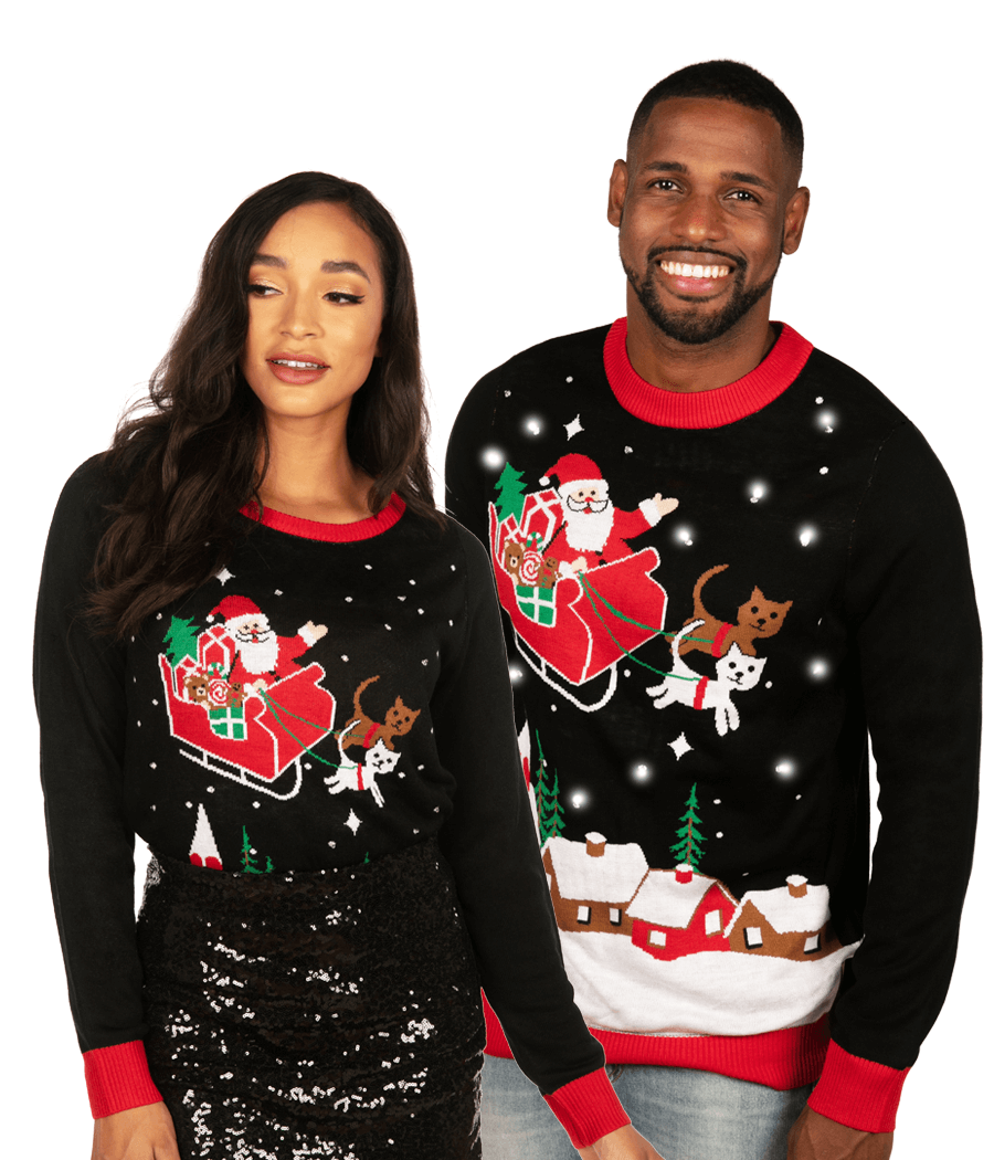 Matching Meowy Christmas Sleigh Light Up Couples Ugly Christmas Sweater