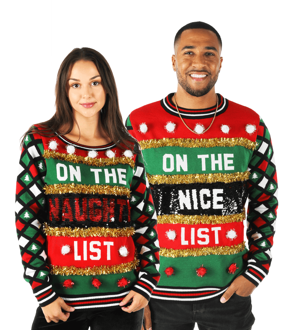 Matching Naughty or Nice Reversible Sequin Couples Ugly Christmas Sweater