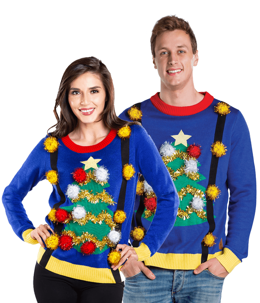 Matching Couples Ugly Christmas Tree Sweater with Suspenders