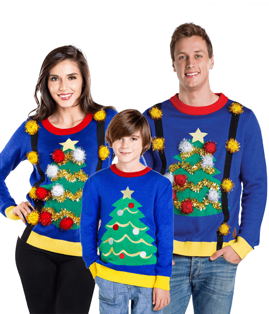 Matching Christmas Tree with Suspenders Family Christmas Sweaters