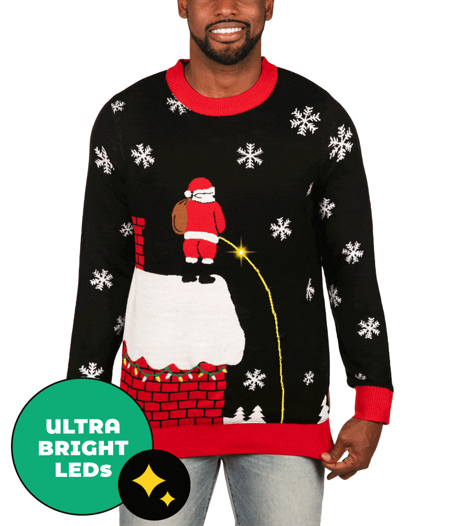 Tipsy Elves Men's Leaky Roof Light Up Ugly Christmas Sweater | Fun & Ugly X-mas Sweater | Lightweight, Warm, & Soft to The Touch | Black