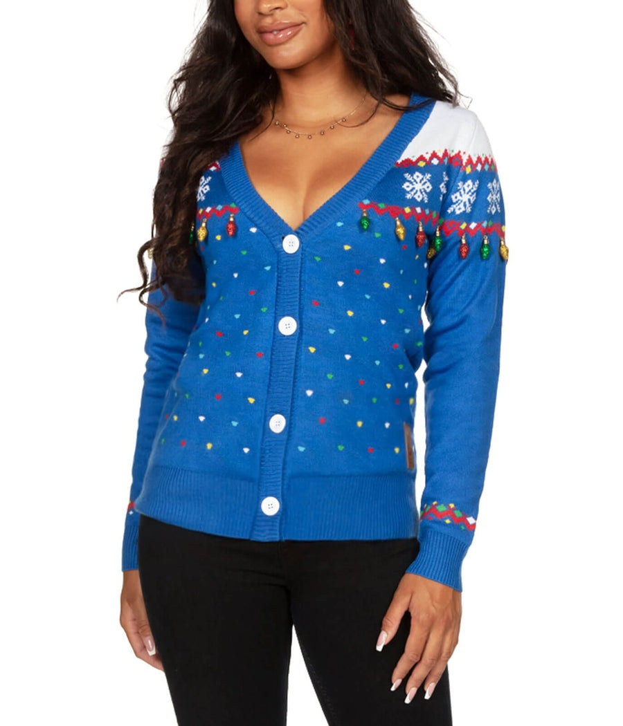 Women's Blue Christmas Lights Cardigan Sweater Image 2