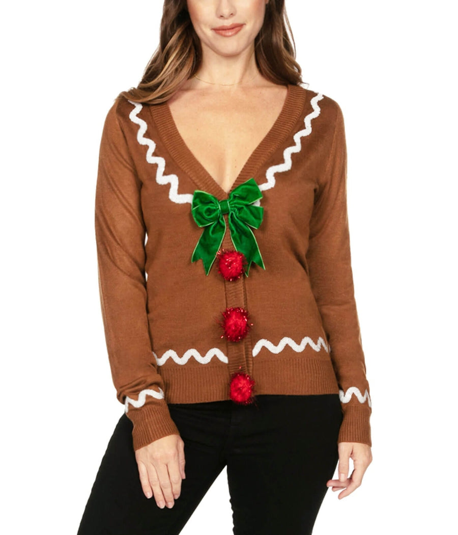Women's Gingerbread Man Ugly Christmas Cardigan Sweater