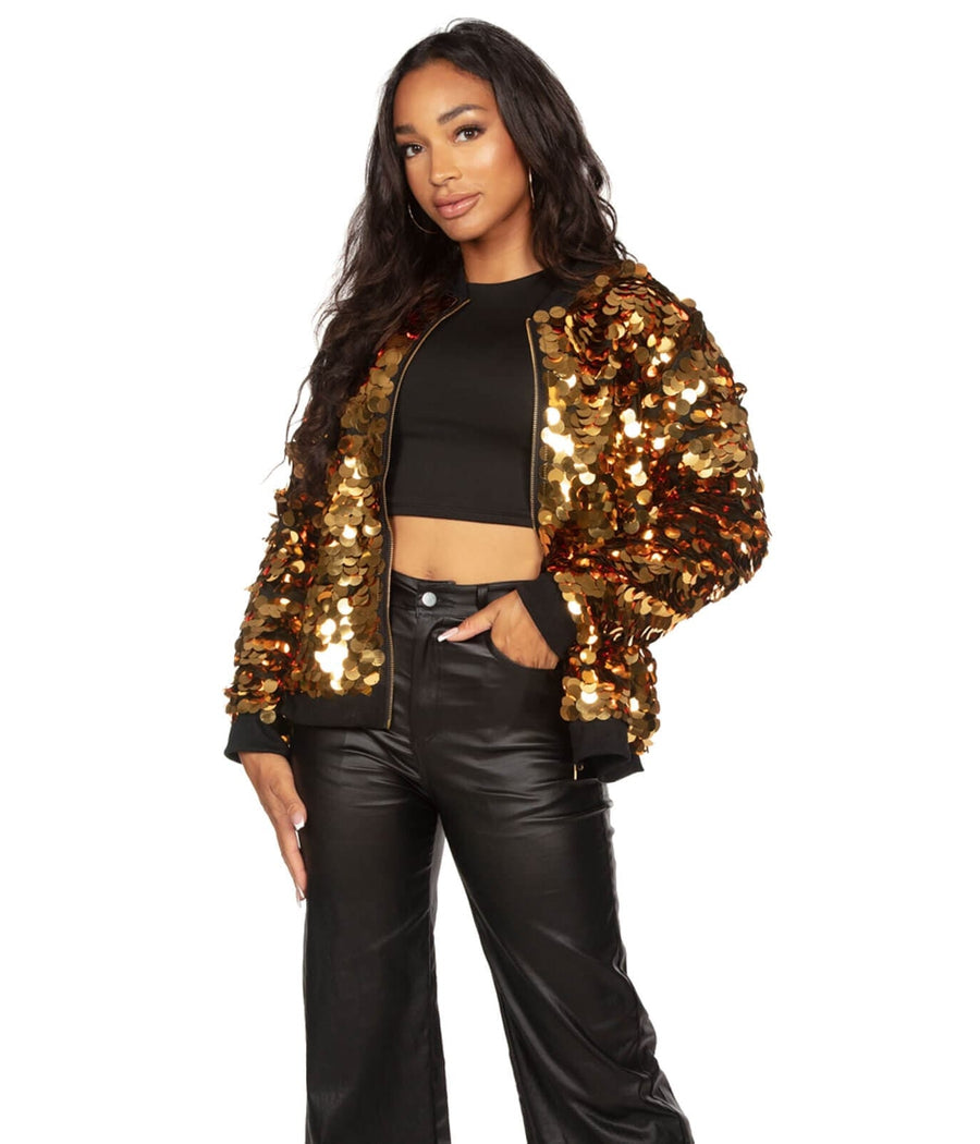 Women's Gold Sequin Disc Bomber Jacket | Fun Bomber Jacket Design | High Strength & Durable Material | Gold | Tipsy Elves