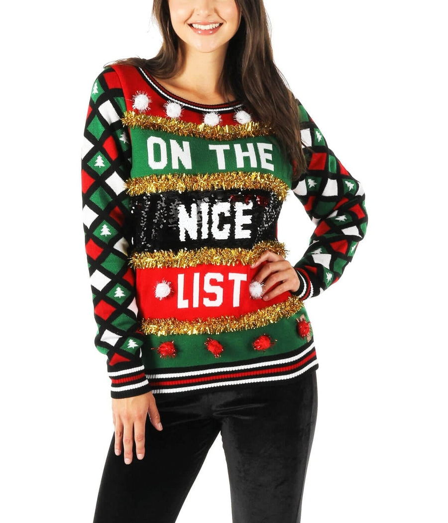 Women's Naughty or Nice Reversible Sequin Ugly Christmas Sweater