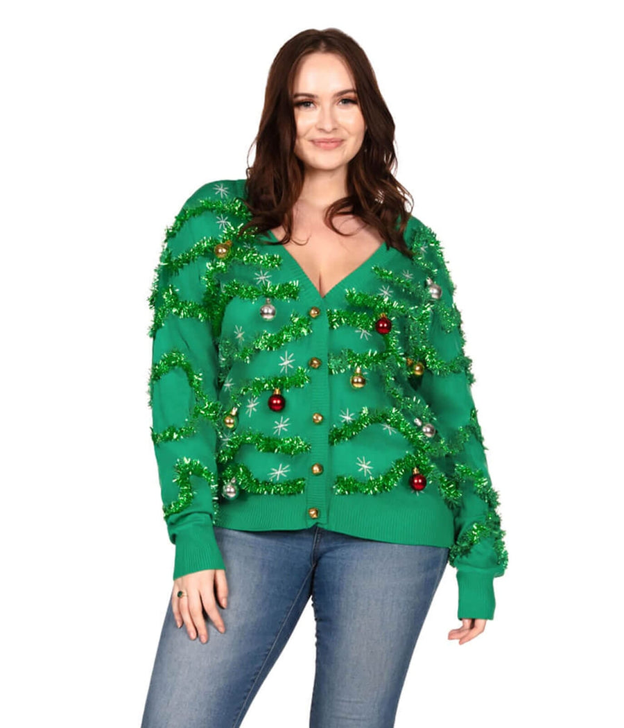 Gaudy Garland Plus Size Ugly Christmas Cardigan: Women's Christmas