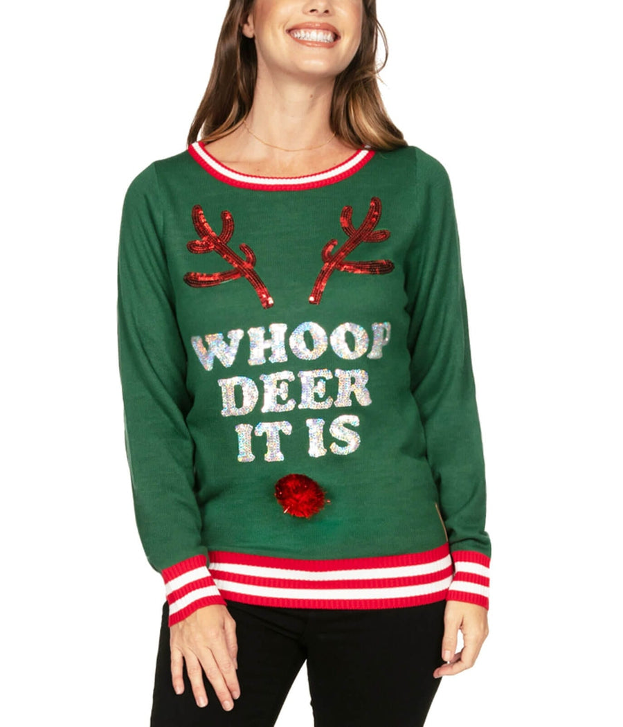 Whoop Deer It Is Ugly Christmas Sweater Women s Christmas Outfits Tipsy Elves
