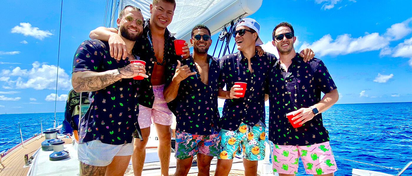 image of bachelor party wearing men's tikki drinki hawaiian shirt