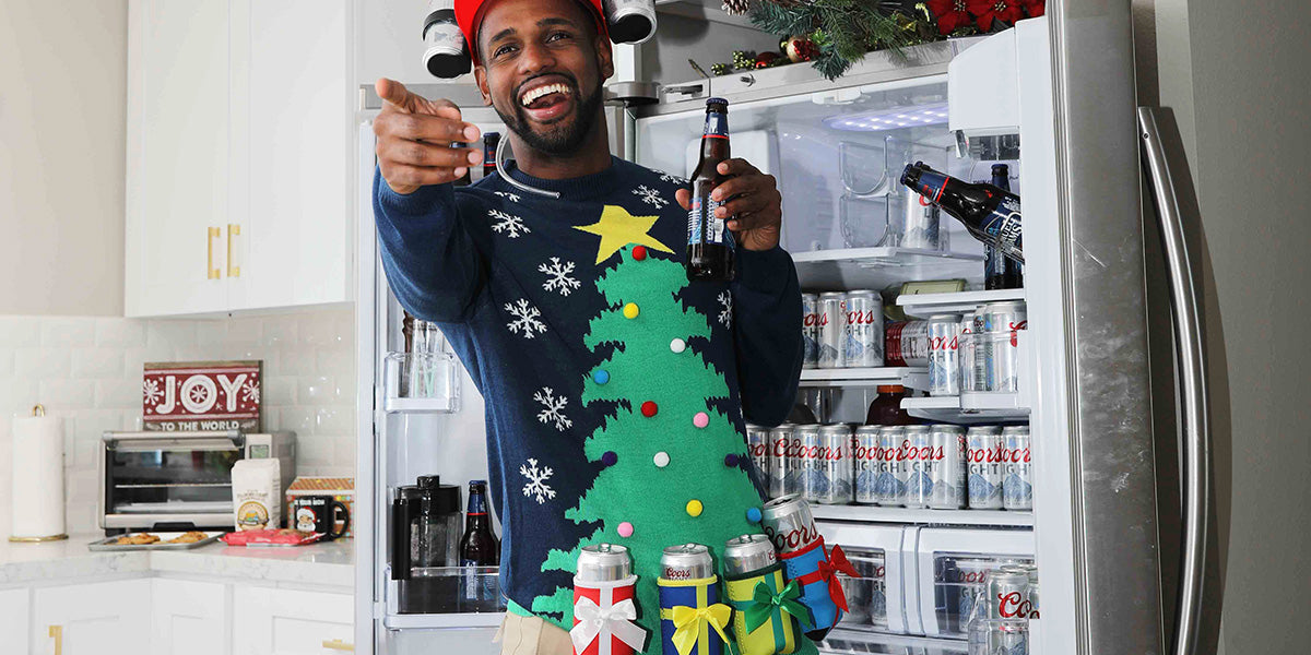 image of model wearing men's christmas tree with beer holsters ugly christmas sweater