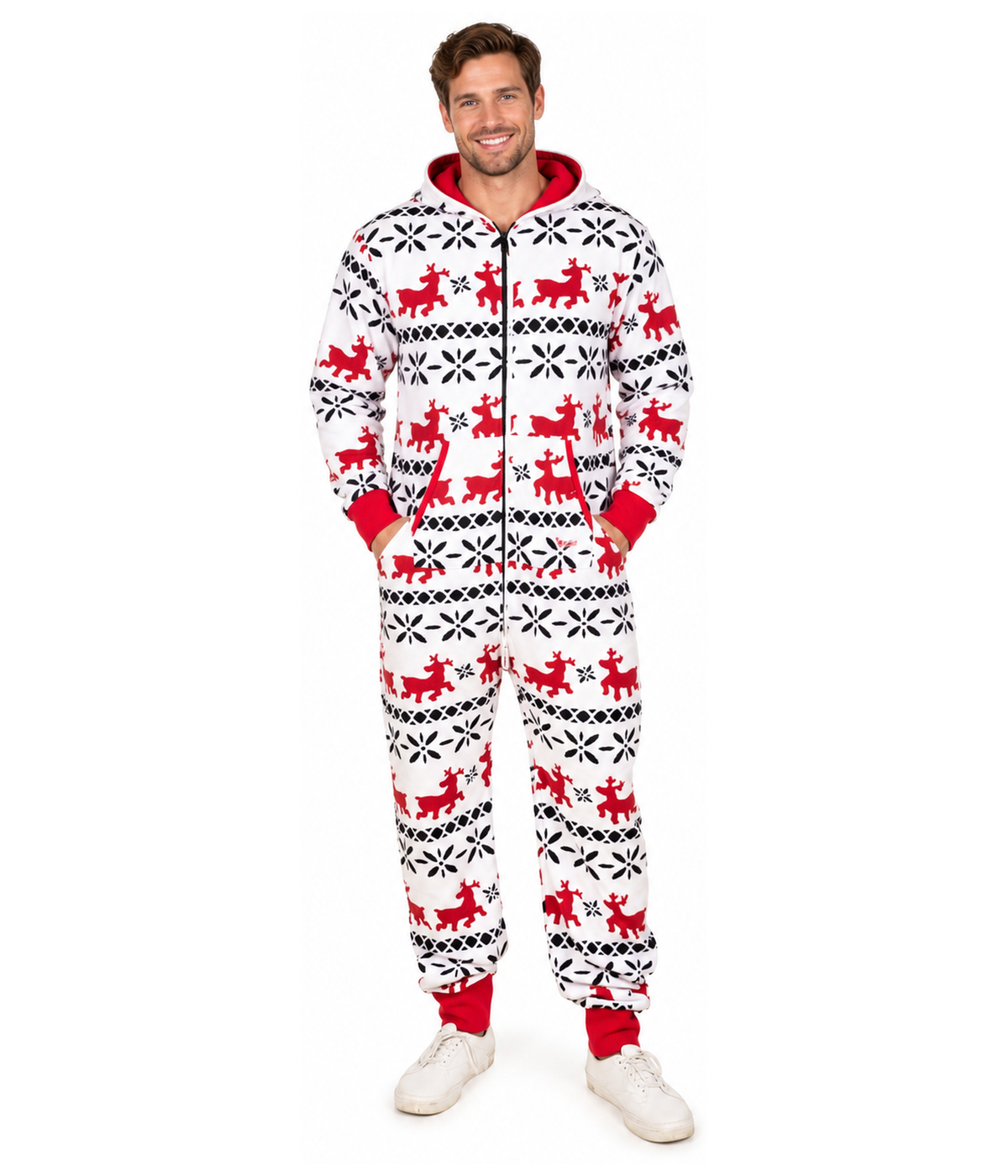 Men's Red and White Reindeer Jumpsuit Primary Image