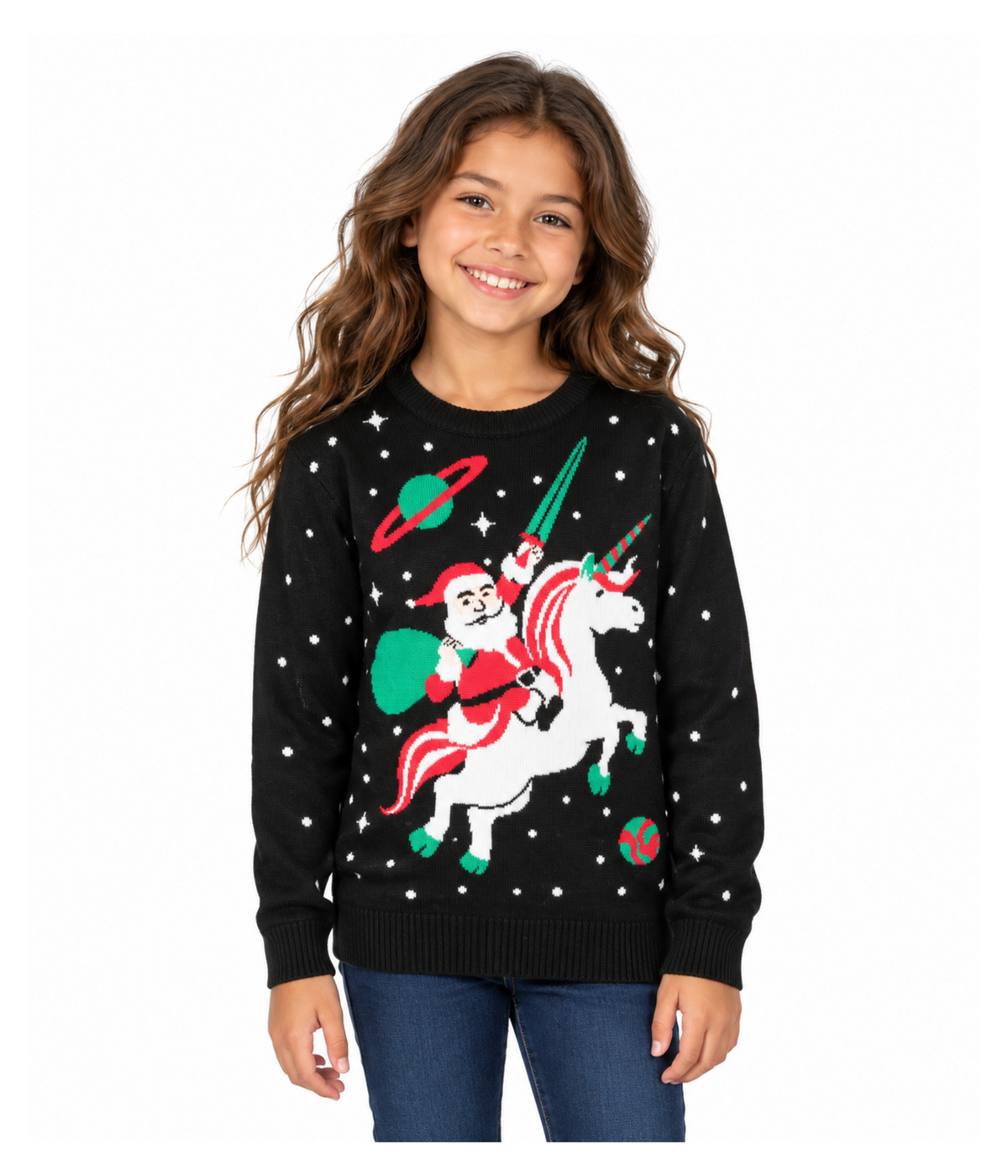 Girl's Santa Unicorn Ugly Christmas Sweater Primary Image