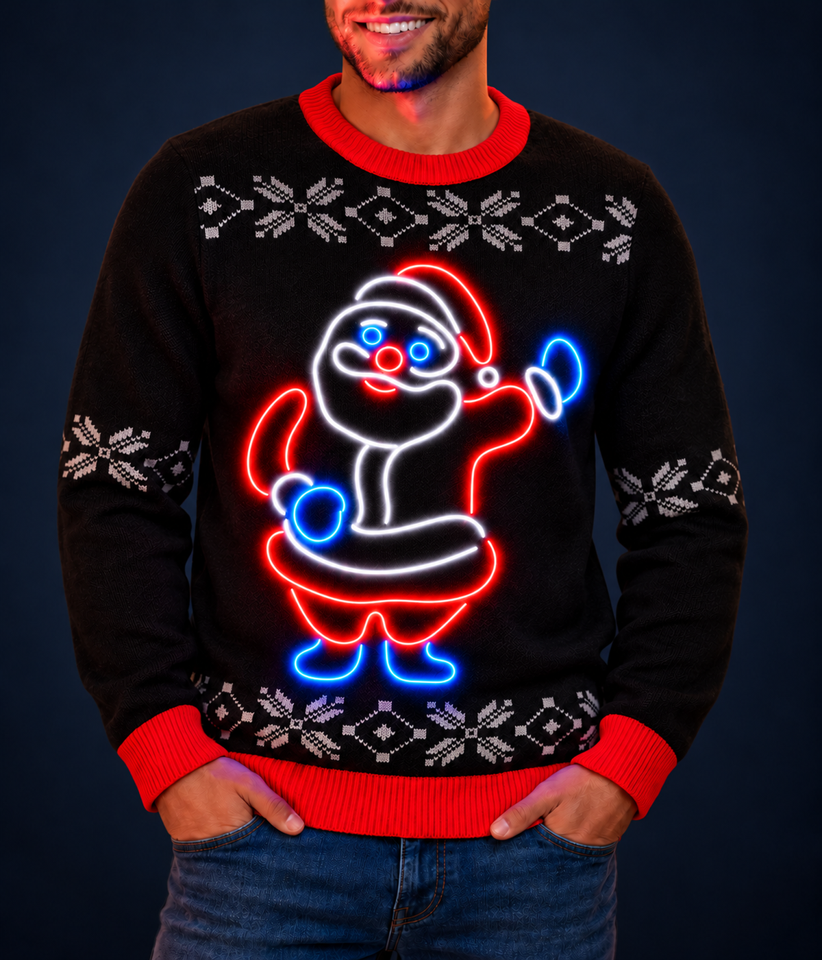 Men's Ho Ho Hello Neon LED Light Up Ugly Christmas Sweater