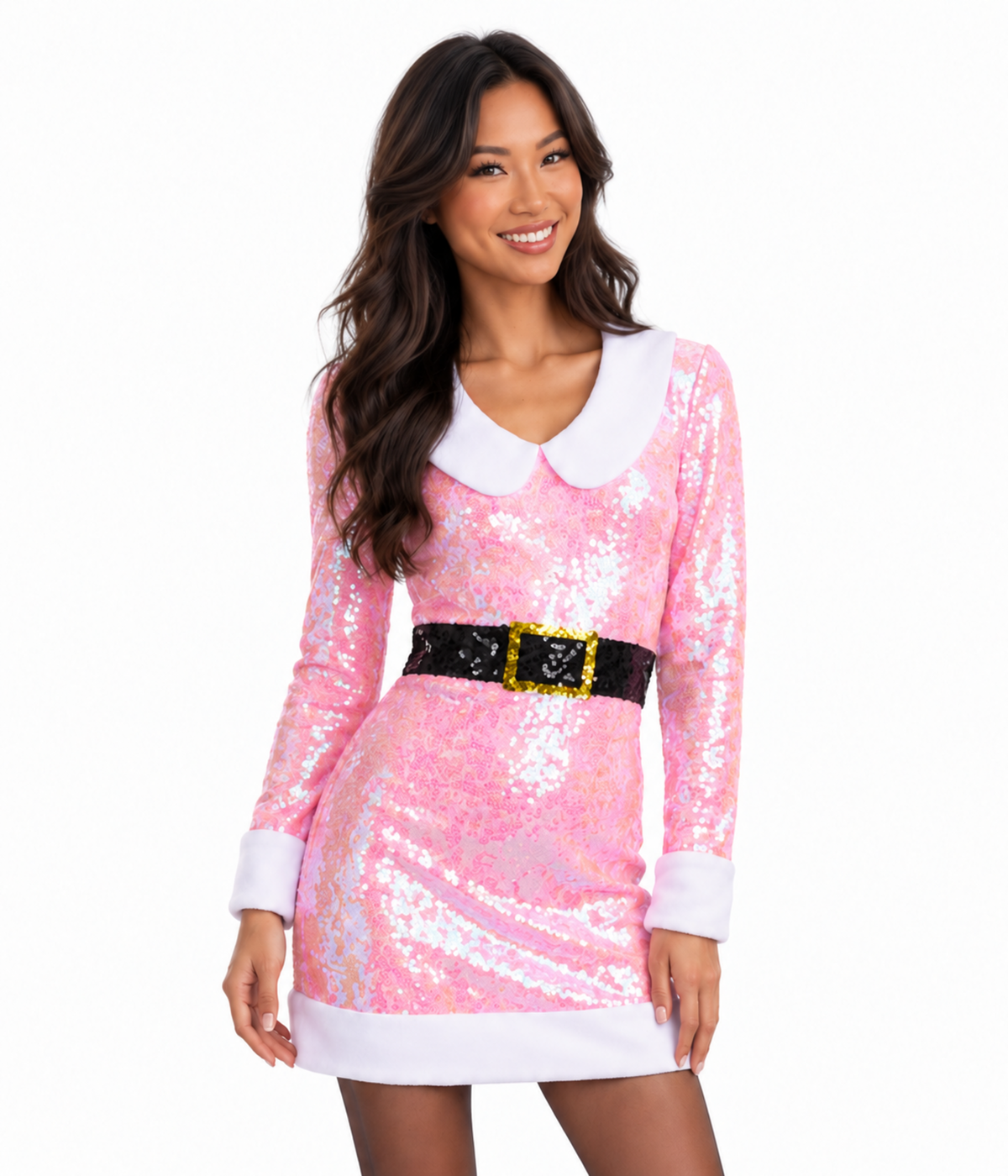 Women's Pink Elf Sequin V Neck Dress