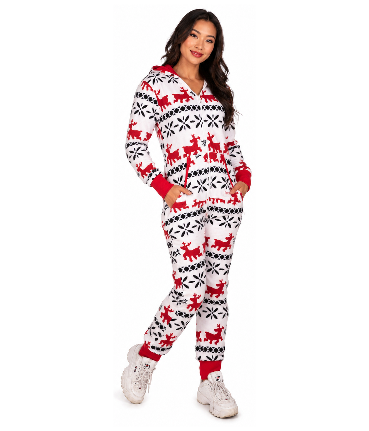 Women's Red and White Reindeer Jumpsuit Primary Image