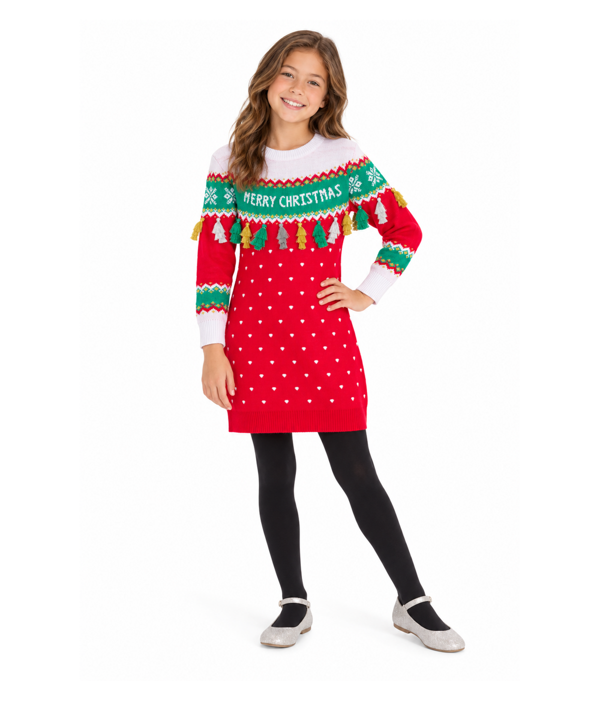 Girl's Merry Christmas Tassel Sweater Dress