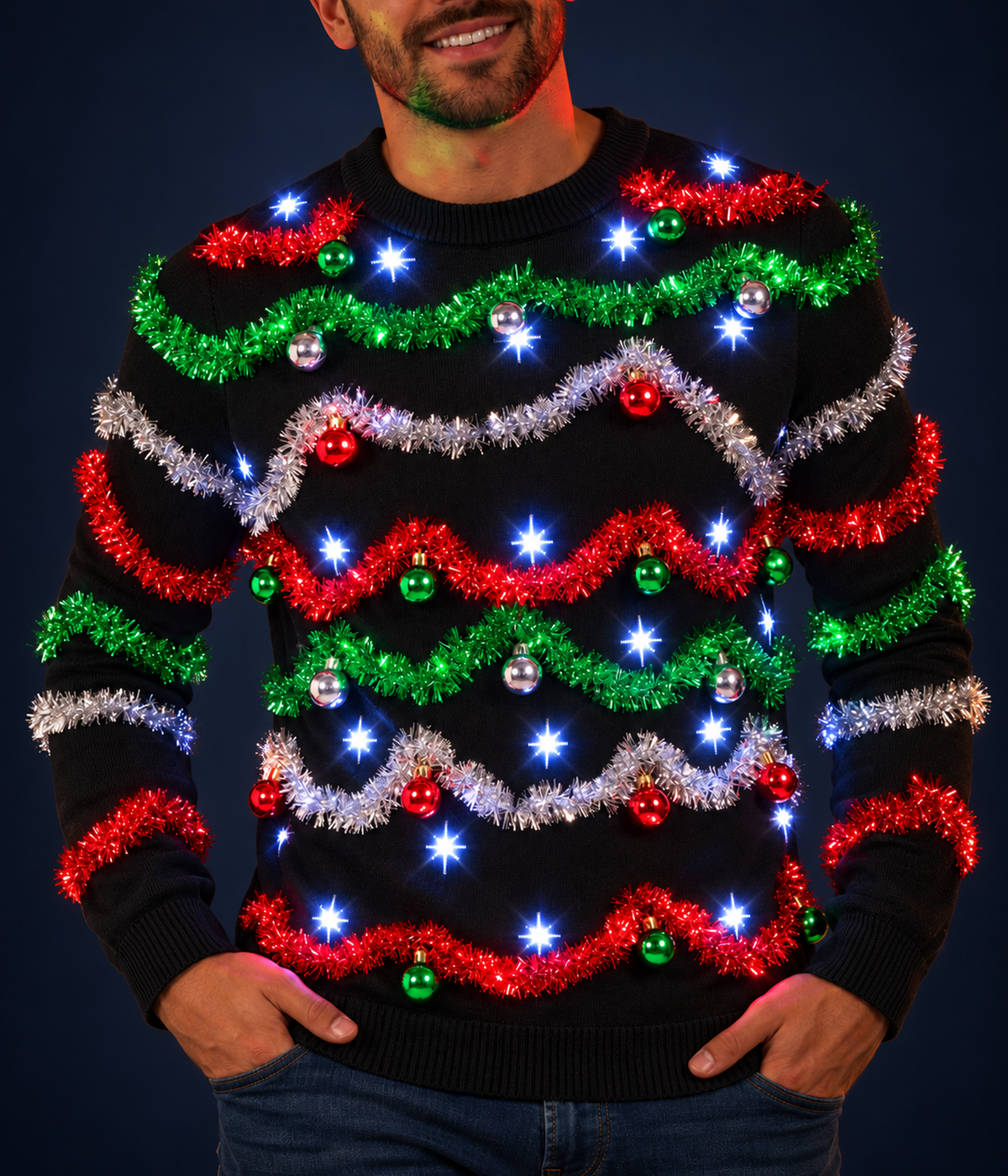 Men's Midnight Garland Light Up Ugly Christmas Sweater