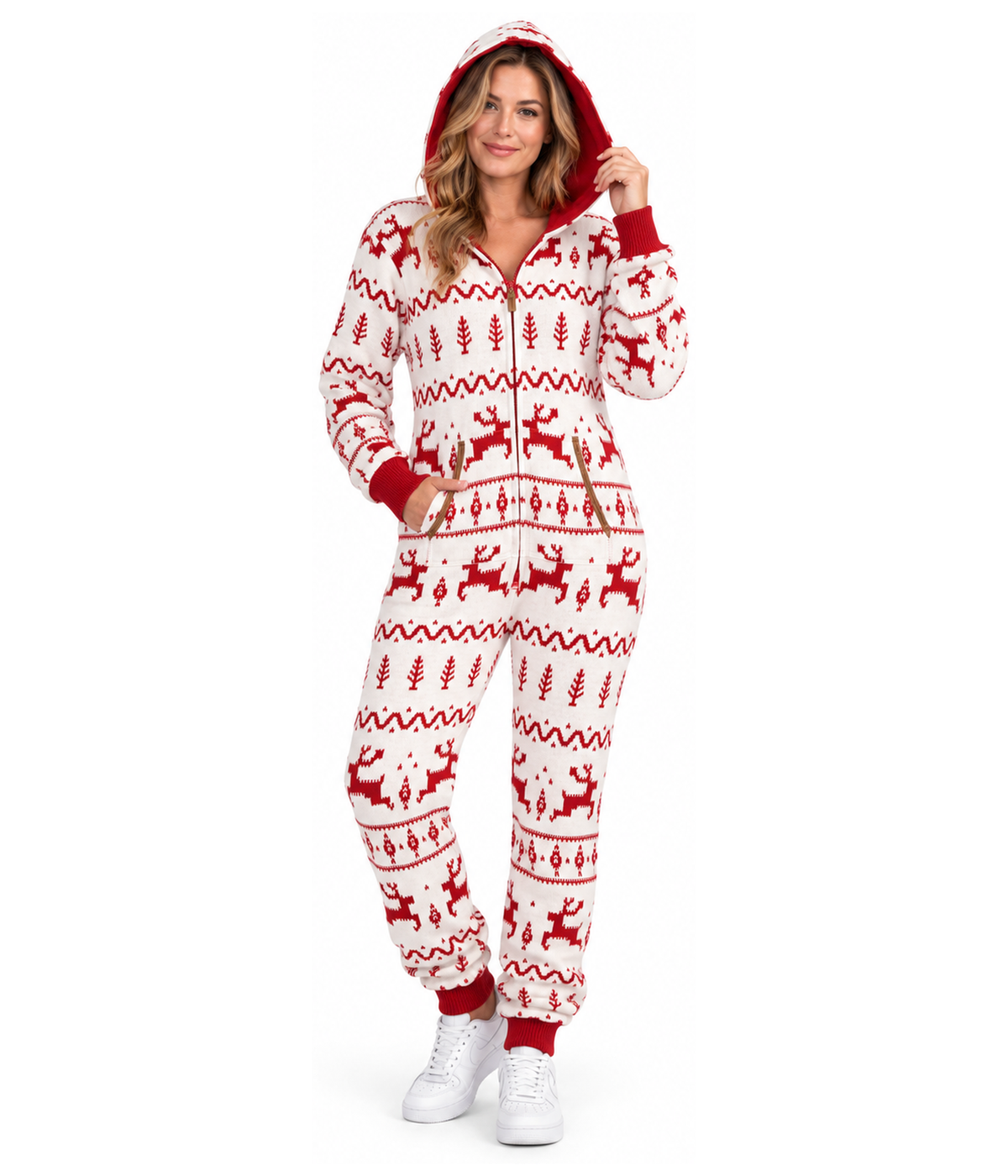 Women's Red and White Fair Isle Knit Jumpsuit