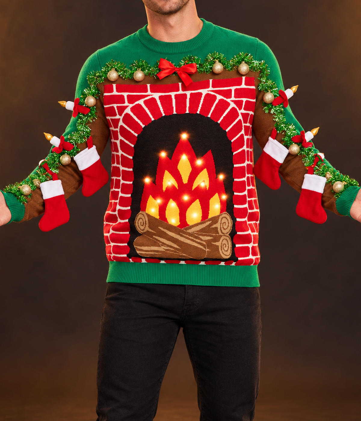 Men's Festive Fireplace Light Up Ugly Christmas Sweater