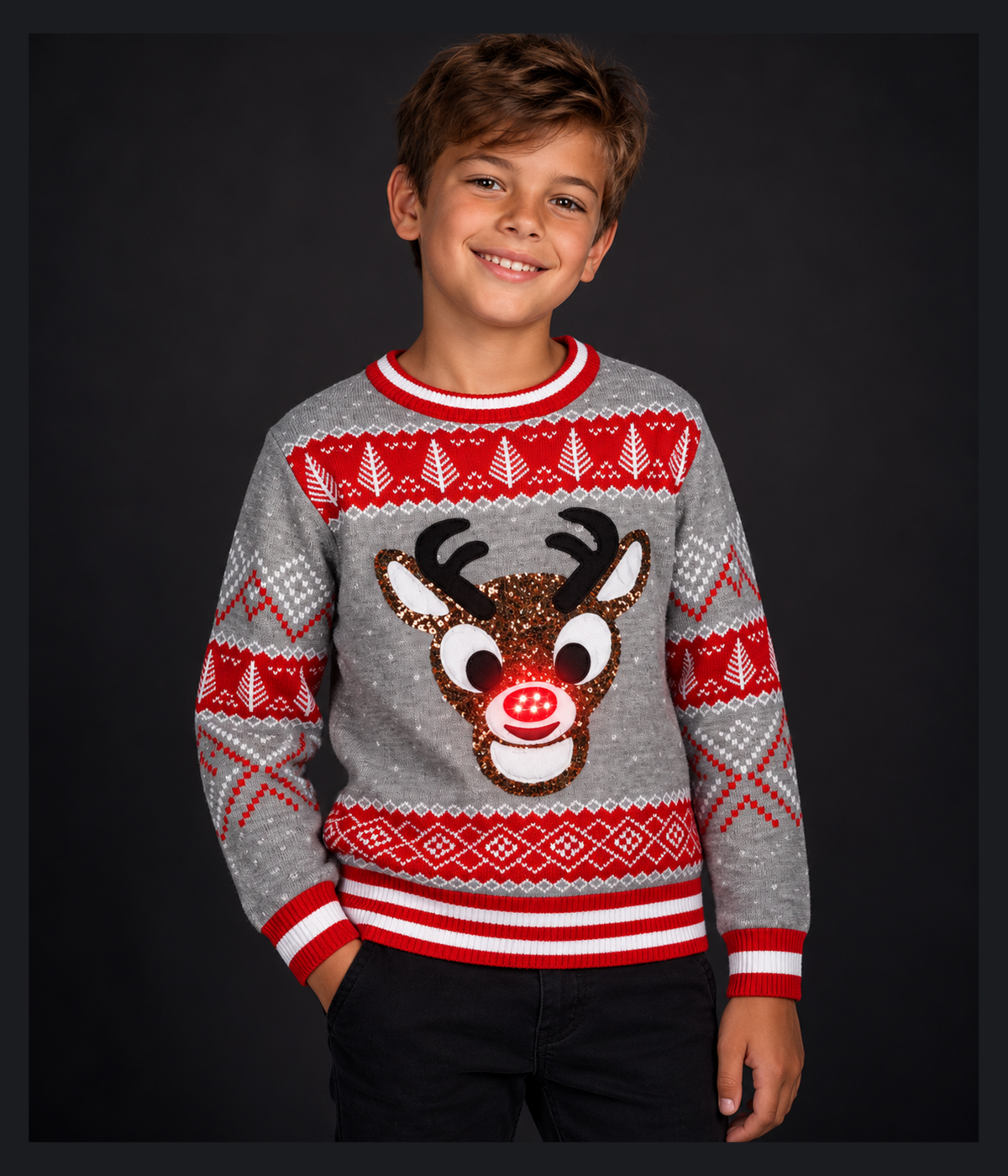 Boy's Sequin Rudolph Light Up Ugly Christmas Sweater