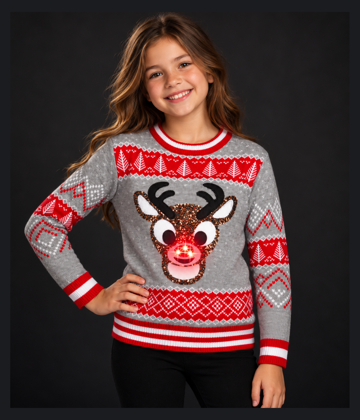 Girl's Sequin Rudolph Light Up Ugly Christmas Sweater