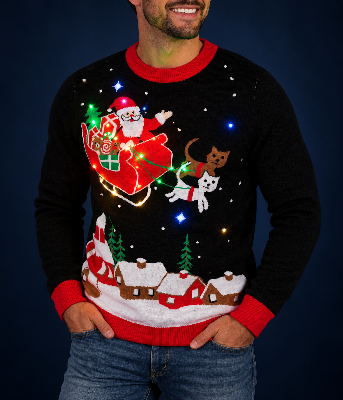Men's Meowy Christmas Sleigh Light Up Ugly Christmas Sweater