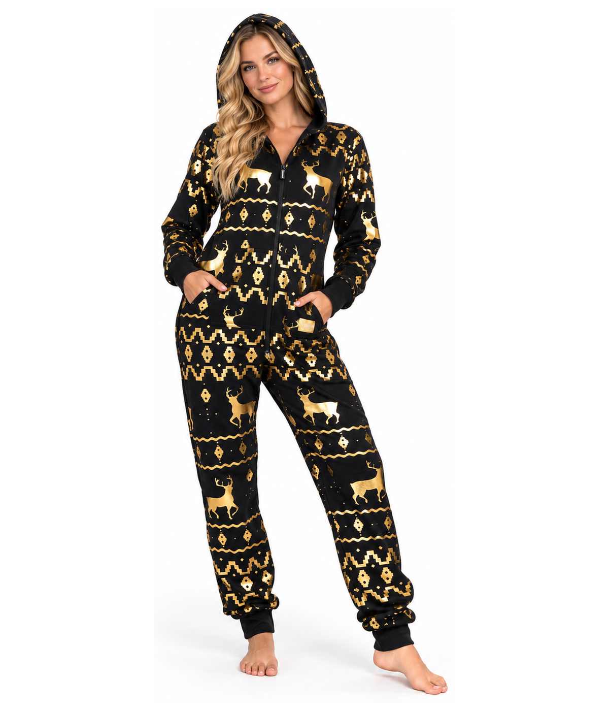 Women's Gold Foil Fair Isle Reindeer Jumpsuit