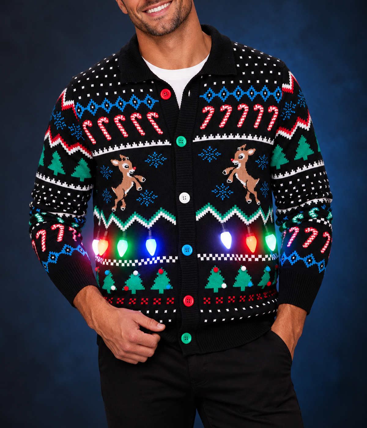 Men's Fair Isle Rudolph Light Up Christmas Cardigan Sweater
