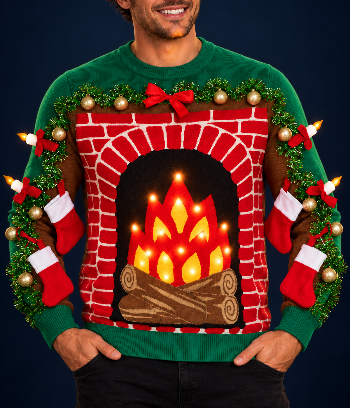 Men's Festive Fireplace Light Up Ugly Christmas Sweater
