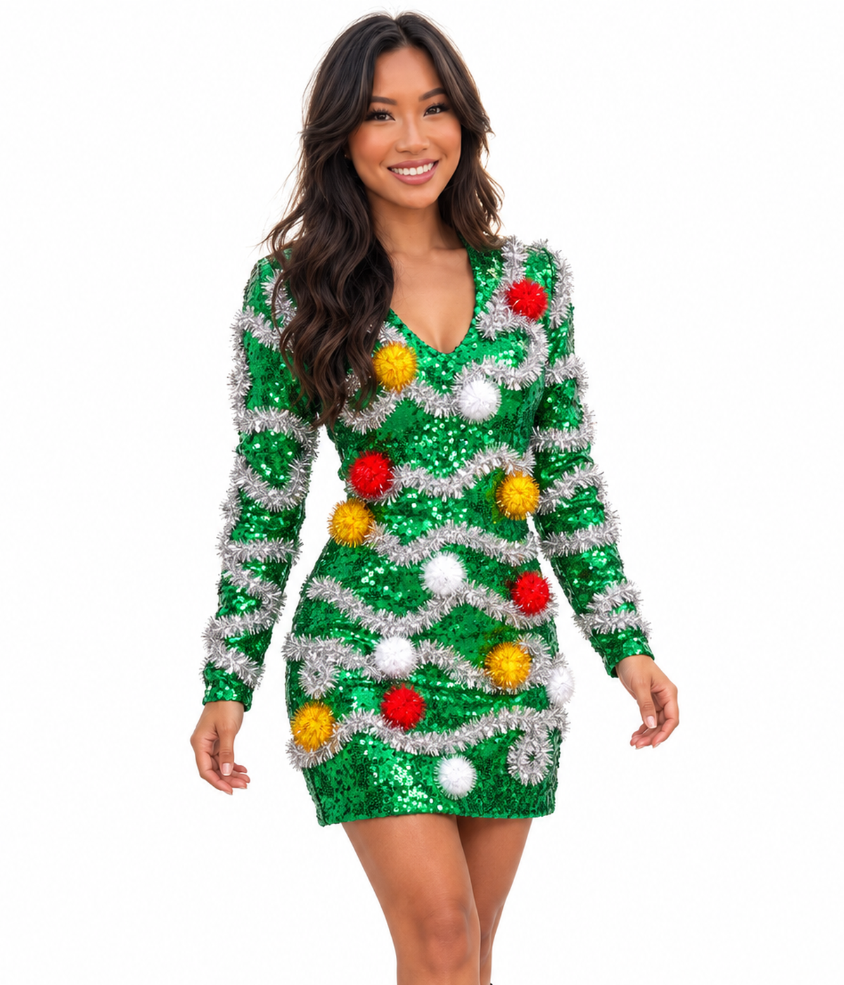 Women's Tangled Pom Pom Sequin V Neck Dress