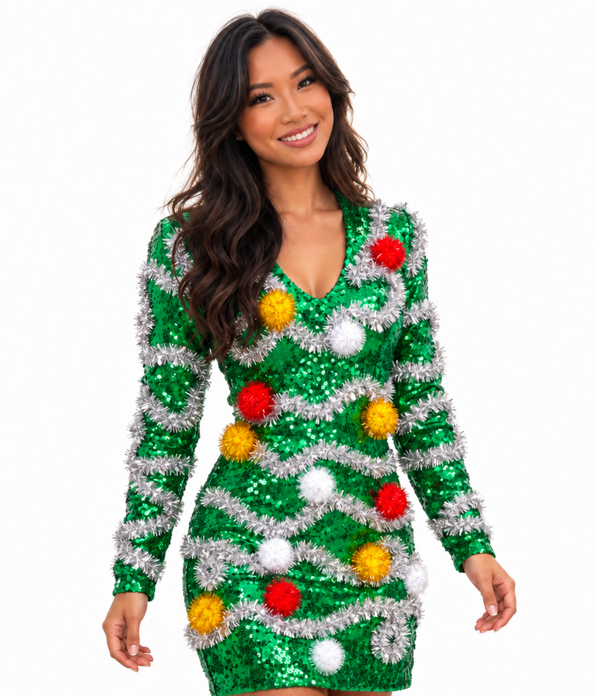 Women's Tangled Pom Pom Sequin V Neck Dress