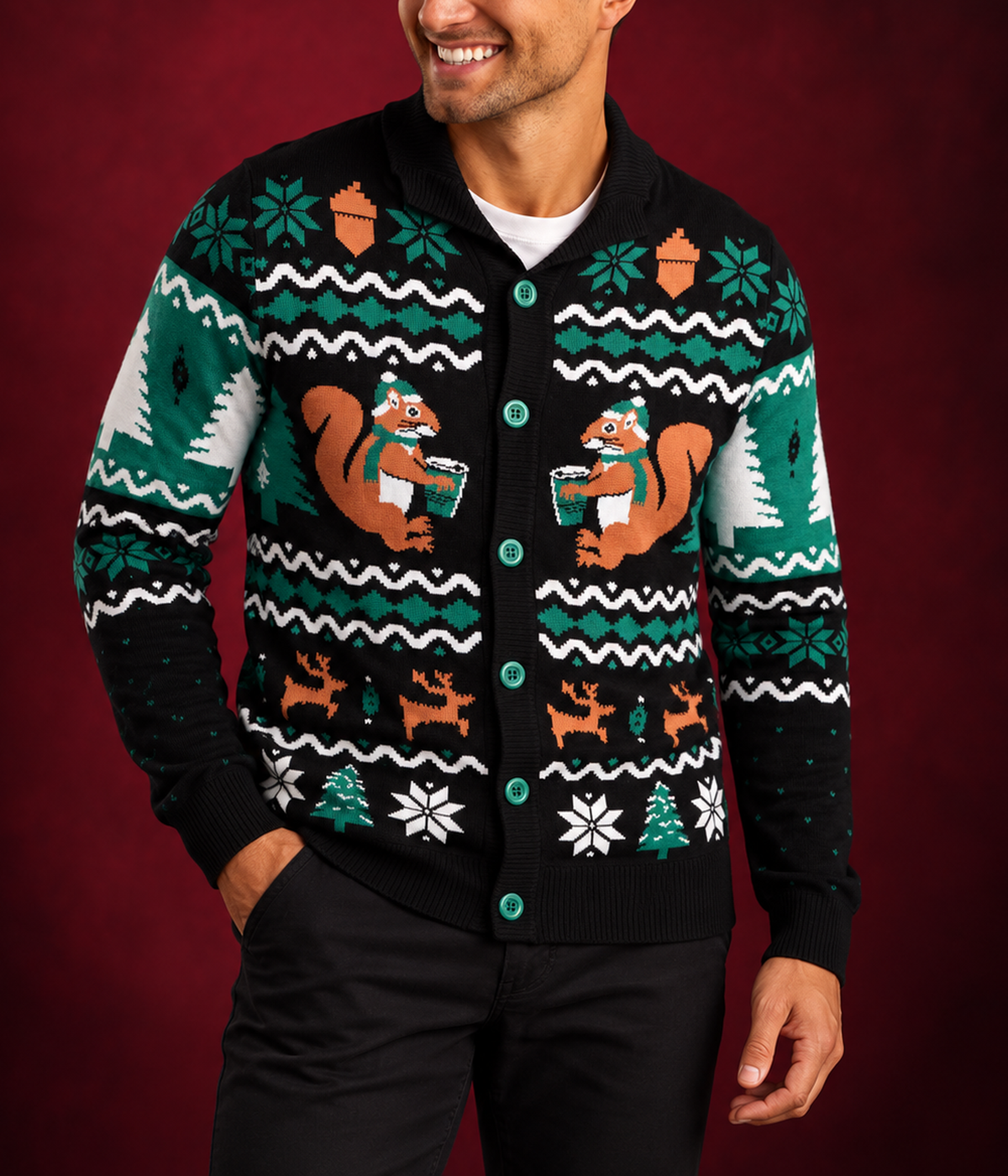 Men's Nutty Noel Ugly Christmas Cardigan Sweater