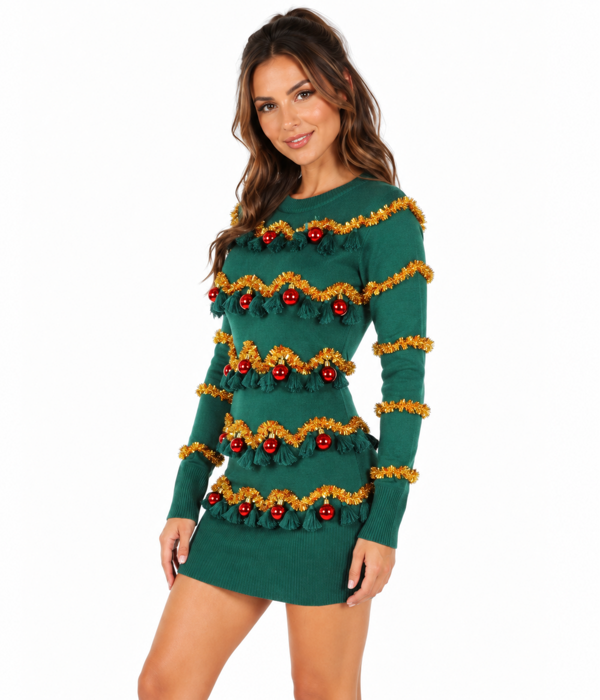 Women's Tinsel Tree Christmas Sweater Dress