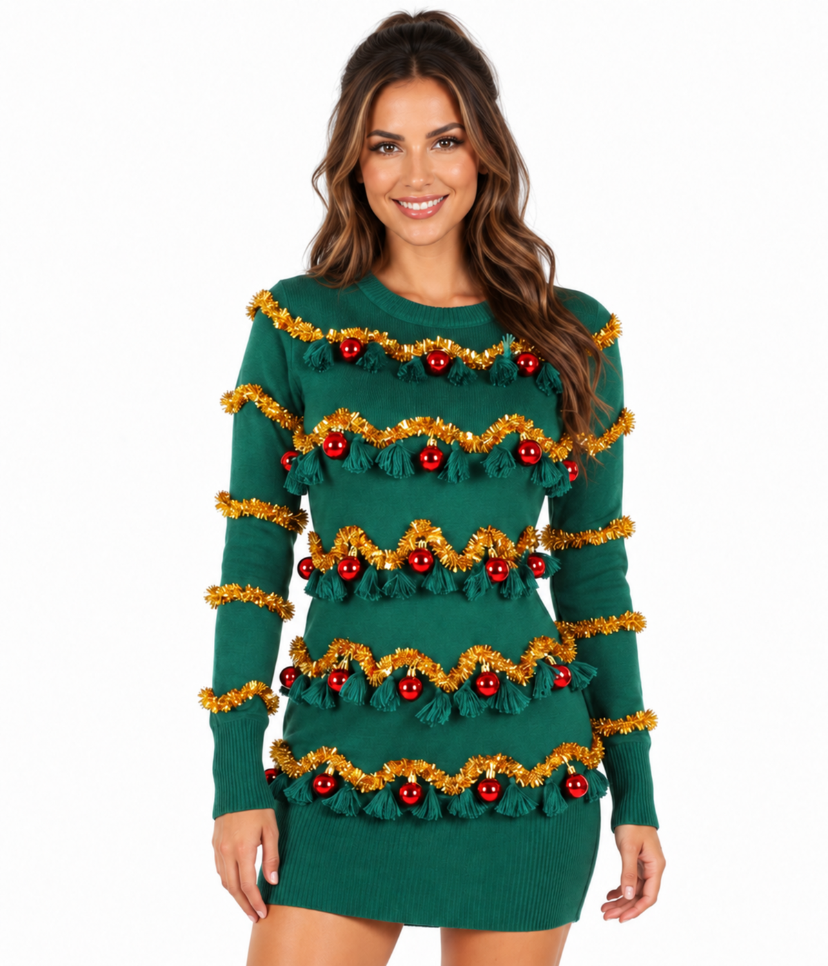 Women's Tinsel Tree Christmas Sweater Dress