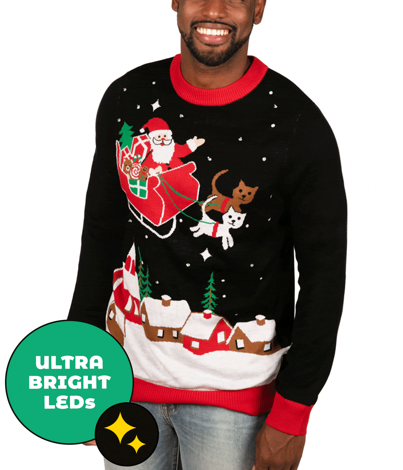 Meowy Christmas Sleigh Light Up Ugly Christmas Sweater: Men's Christmas ...