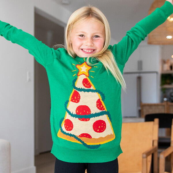 shop christmas - model wearing girl's pizza tree ugly christmas sweater