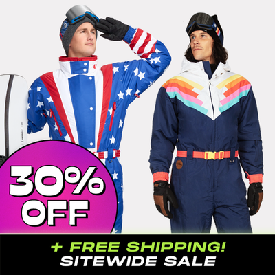 shop ski and snow suits - 30% off Cyber Monday badge - models wearing men's Santa Fe shredder snow suit and men's Americana snow suit
