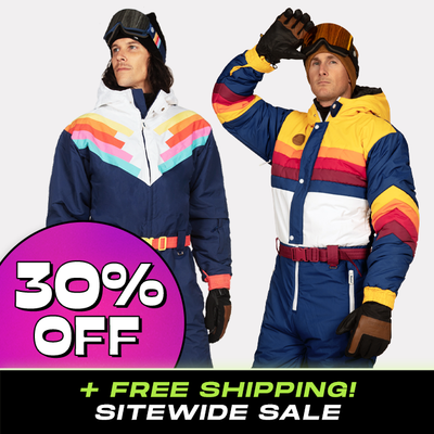 shop ski and snow suits - 30% off - models wearing men's Santa Fe shredder snow suit and men's vintage freestyler snow suit