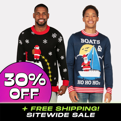 shop christmas sweaters - 30% off - models wearing men's leaky roof light up ugly christmas sweater and men's boats & ho ho hos ugly christmas sweater