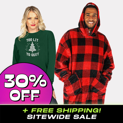 shop loungewear - 20% off Black Friday badge - models wearing lumberjack blanket hoodie and women's too lit to quit crewneck sweatshirt