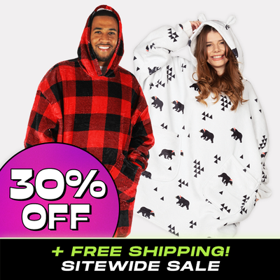shop loungewear - 30% off - models wearing lumberjack blanket hoodie and women's beary christmas blanket hoodie