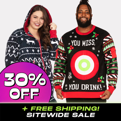 shop plus size / big and tall - 30% off Cyber Monday badge - models wearing men's drinking game  big and tall ugly christmas sweater