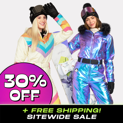 shop ski and snow suits - 30% off Cyber Monday badge - models wearing women's retro rainbow snow suit and women's iridescent iris snow suit